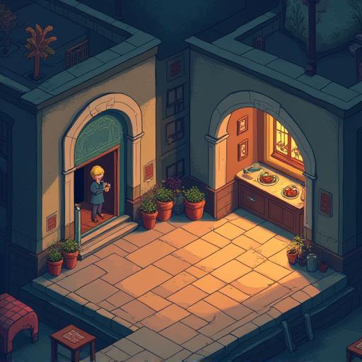 Stylized game development scene with digital assets and code snippets